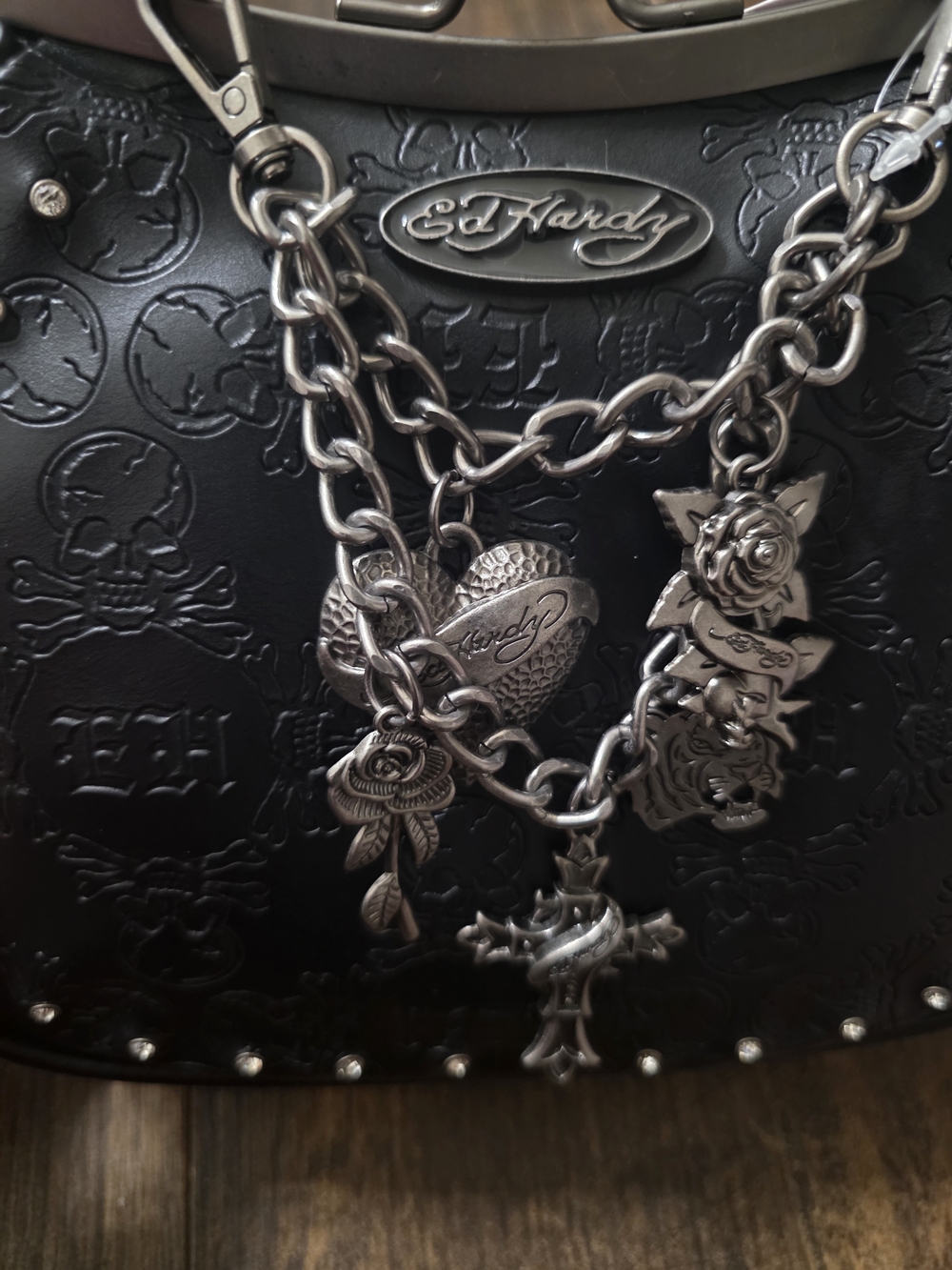 Ed Hardy Black Embossed Studded Handbag with Chain Charms